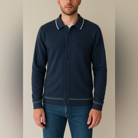 Percival Men’s XL Wool Cardigan - Navy Blue with Contrast Trim - Picture 1 of 14